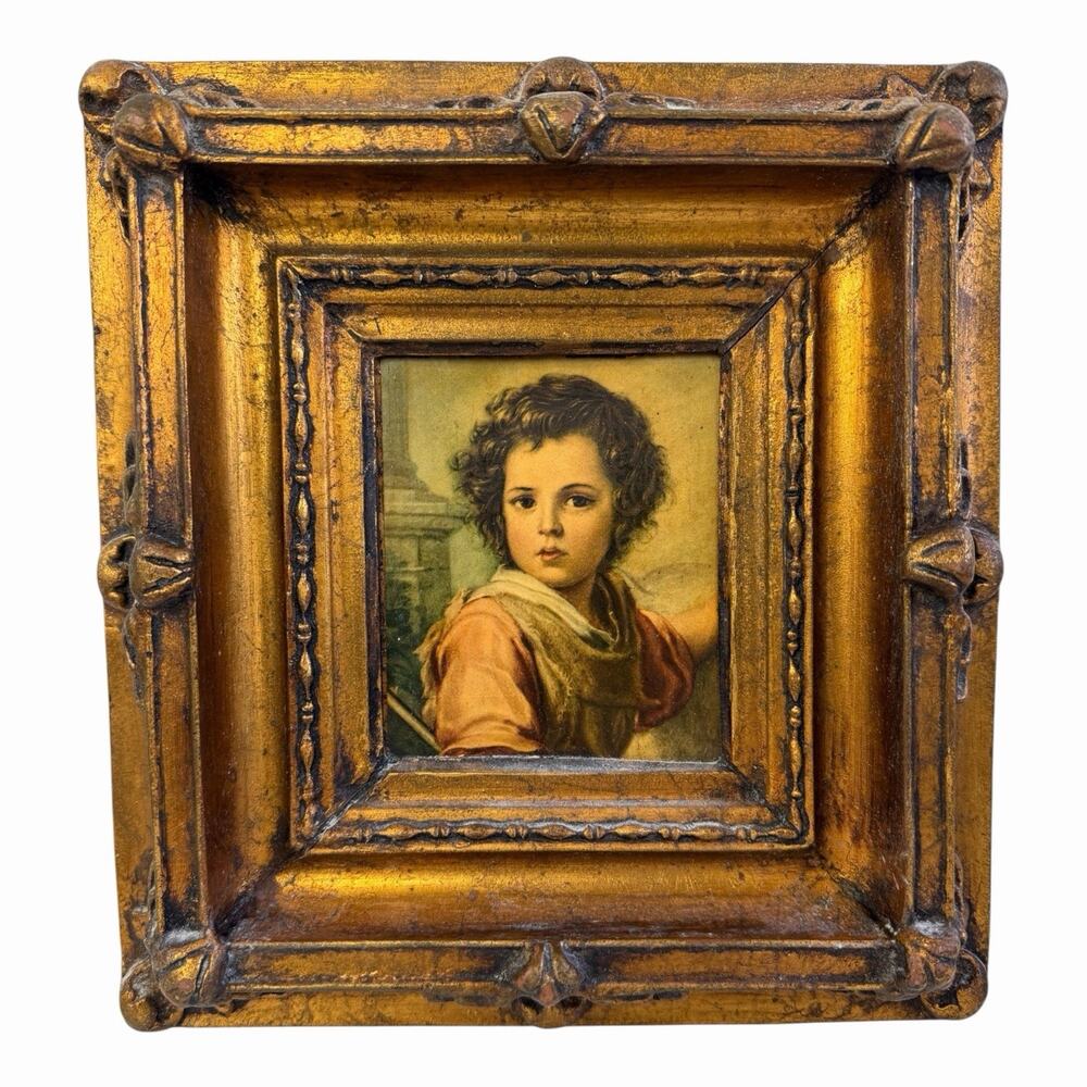 Vintage “The Good Shepherd” Italian Print Ornate Wood Frame Gold 10x11x2.5in